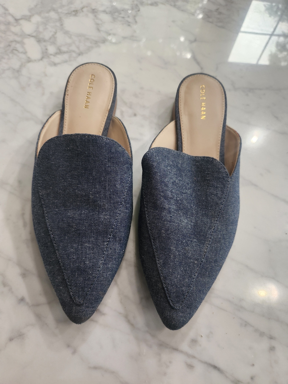 Cole Haan Women's Blue Denim Pointed-Toe Slip-On Mules, Good Condition.